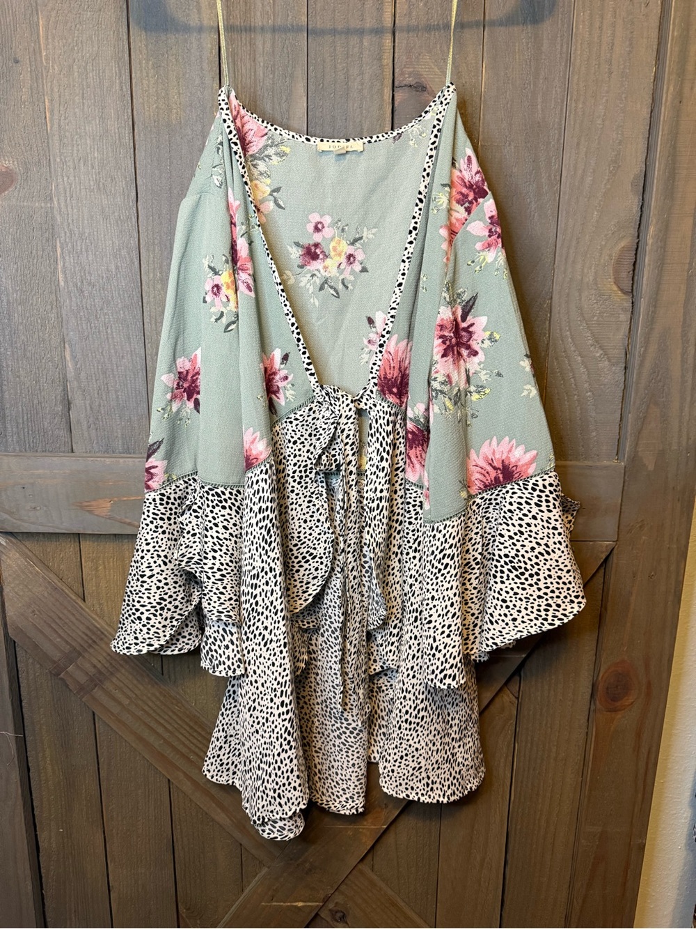 Floral & Animal Print Bell Sleeves Blouse- Sage Green & Cream